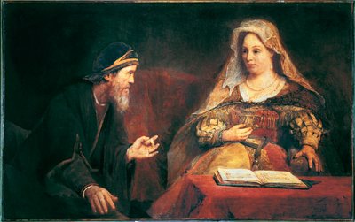 Esther en Mordechai (olieverf op doek) door Aert de Gelder