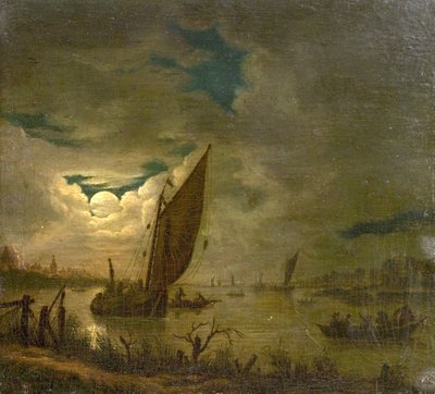 Rivierscène met boten en figuren door Aert van der (imitator of) Neer