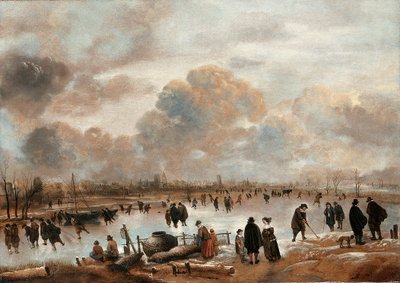 Een Winterlandschap met Schaatsers en Stadsbewoners op een Bevroren Waterweg door Aert van der Neer