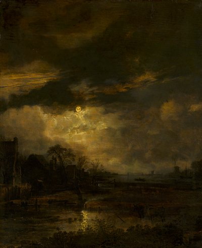 Landschap bij zonsondergang door Aert van der Neer