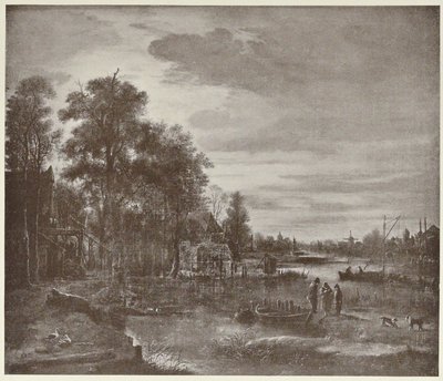 Rivierlandschap bij maanlicht met figuren door Aert van der Neer