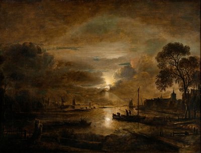 Maanlicht aan een Nederlandse rivier, c.1650 door Aert van der Neer