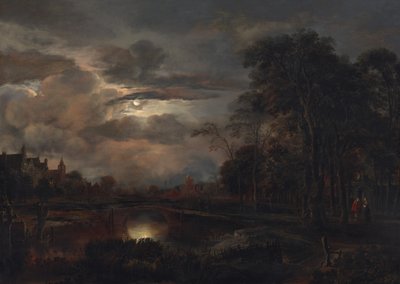 Maanverlicht Landschap met Brug, waarschijnlijk 1648-1650 door Aert van der Neer
