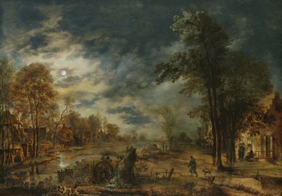 Maanverlicht Landschap met een Dorp door Aert van der Neer