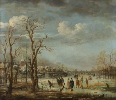 Winterlandschap bij een stad met kale bomen door Aert van der Neer