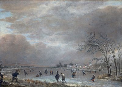 Winterlandschap met Schaatsers op een Bevroren Rivier door Aert van der Neer