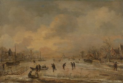 Winterlandschap met huizen door Aert van der Neer
