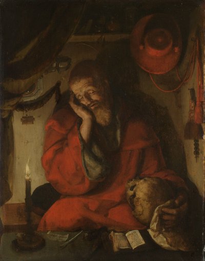Sint Hiëronymus in zijn studeerkamer bij kaarslicht door Aertgen Claesz van Leyden (attributed to)