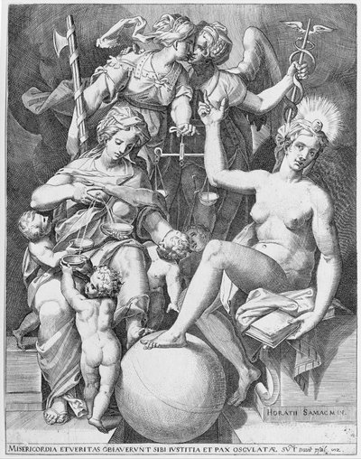 Allegorie van de Psalm van David, Misericordia zittend links voedt vier kinderen, 1579 door After Agostino Carracci.