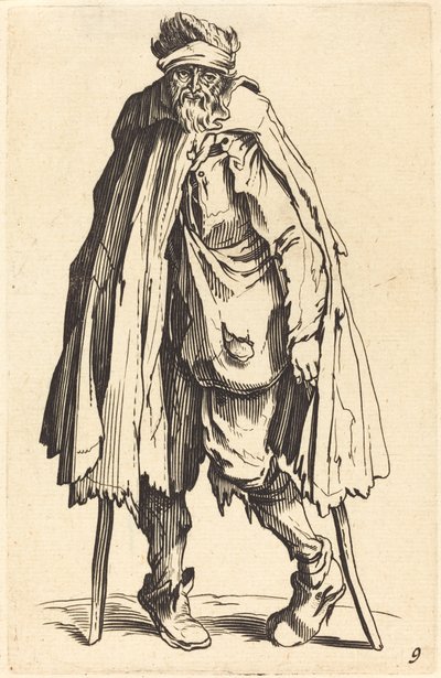 Bedelaar met krukken en zak door After Jacques Callot