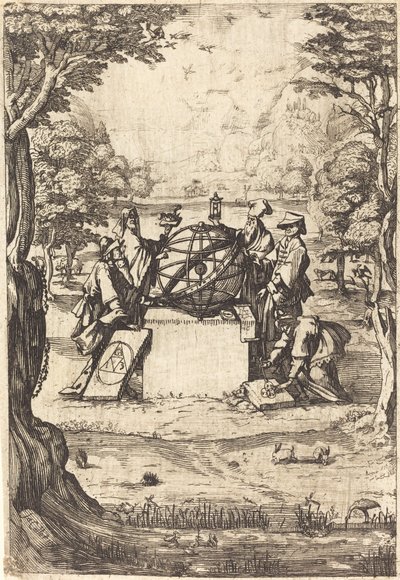 Frontispice voor de Heilige Cosmologia (Titel met astrologen) door After Jacques Callot