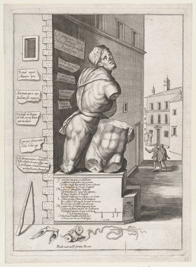 Standbeeld van Pasquin in het Huis van Kardinaal Ursino, Gepubliceerd na 1582 door After Nicolas Beatrizet.