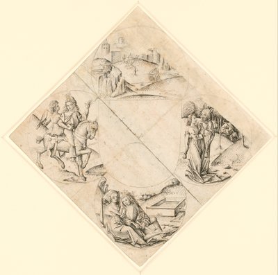 Ontwerp voor een vierpas met een kasteel, twee geliefden, een meisje verleid door een dwaas, een paar zittend bij een trog en een ridder en zijn geliefde op een paard door After The Master of the Housebook
