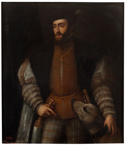 Spanish:  El emperador Carlos V con un perro De keizer Karel V met een hond door after Titian