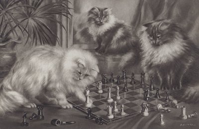 Groep katten die met schaakstukken spelen door Agnes Augusta Talboys