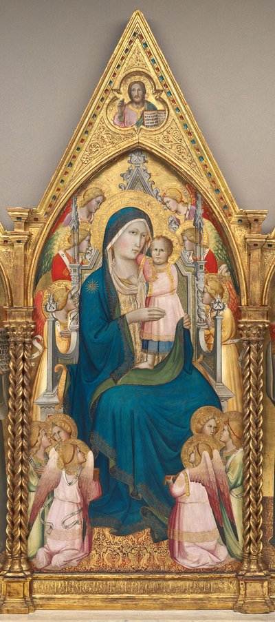 Madonna en Kind op de Troon met Twaalf Engelen, en met de Zegenende Christus (middenpaneel) door Agnolo Gaddi
