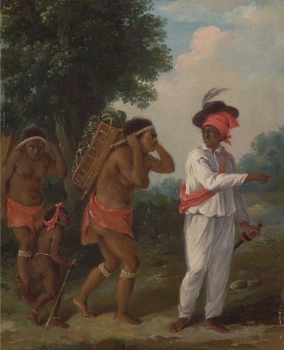 West-Indische man van kleur, die twee Caribische vrouwen met een kind aanstuurt, ca. 1780 door Agostino Brunias