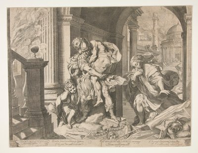 Aeneas en zijn familie vluchten uit Troje door Agostino Carracci