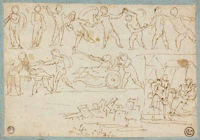 Fries van Putti, Schets van Lot en Zijn Dochters, Schets van Gebouwen door Agostino Carracci