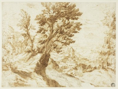 Heuvelachtig Landschap met Stad in de Verte door Agostino Carracci