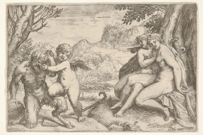 Liefde overwint alles Omnia vincit Amor, in een strijd met een sater door Agostino Carracci