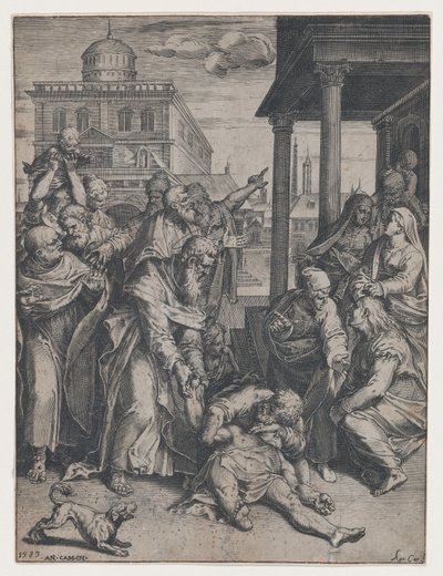 Sint Paulus wekt Patroclus op die op de grond ligt, omringd door een groep toeschouwers door Agostino Carracci