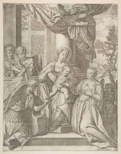 Het Mystieke Huwelijk van Sint Catharina met het Christuskind en Engelen door Agostino Carracci