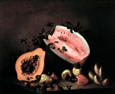 Stilleven van papaja, watermeloen en cashew door Agostinho Jose da Mota