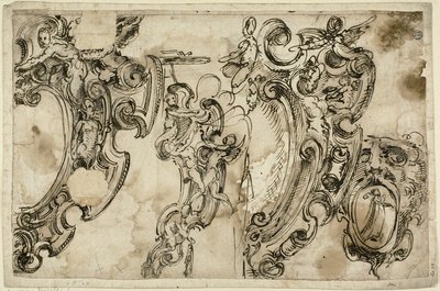 Schetsen van decoratieve motieven (recto); Schets van decoratief motief (verso) door Agostino Mitelli