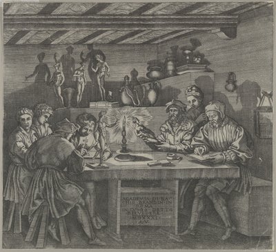 Baccio Bandinelli in zijn studio met een beeldje van Venus, studenten schetsen van een model, 1531 door Agostino Veneziano