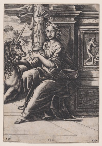 Kuisheid, een zittende vrouw, een eenhoorn aan haar rechterkant, ca. 1515-30 door Agostino Veneziano