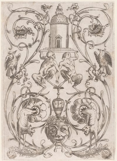 Grof Ornament met Satyrs, uit een set van twintig ornamentpanelen door Agostino Veneziano