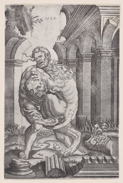 Hercules Wurgt de Nemeïsche Leeuw, gedateerd 1528 door Agostino Veneziano