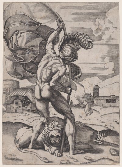 Man met een vlag door Agostino Veneziano