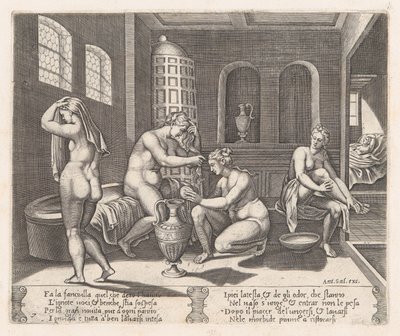 Psyche bediend in haar bad, uit het verhaal van Cupido en Psyche zoals verteld door Apuleius, 1530-1560 door Agostino Veneziano