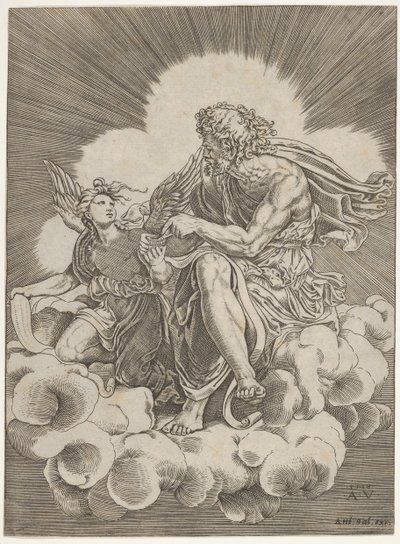 Sint Mattheüs, zittend op een wolk en een pen in een inktpot doopt, vastgehouden door een engel... door Agostino Veneziano