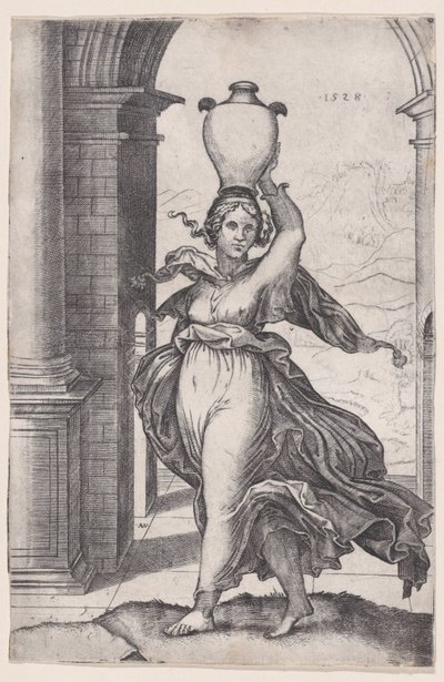 Vrouw die een Vaas op Haar Hoofd Draagt, gedateerd 1528 door Agostino Veneziano