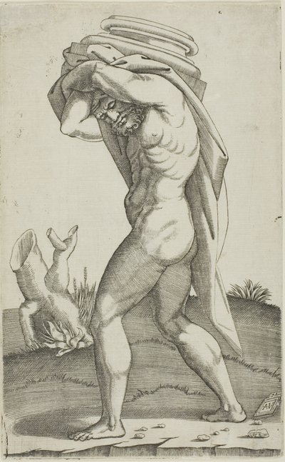 Man die de basis van een zuil draagt door Agostino dei Musi