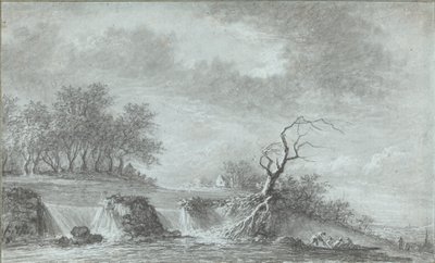 Rivierlandschap met een waterval door Aignan Thomas Desfriches
