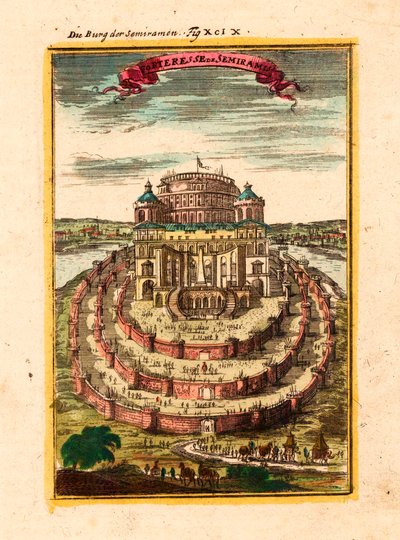 De vesting en de hangende tuinen van de legendarische koningin Semiramis in Babylon - Kopergravure en aquarel door Alain Manesson Mallet (1630-1706) door Alain Manesson Mallet