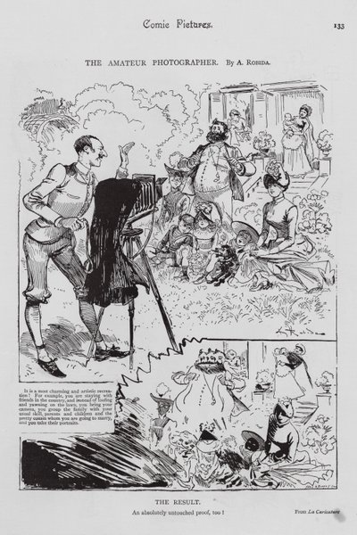 Familie poseert voor amateurfotograaf (gravure) door Albert (after) Robida