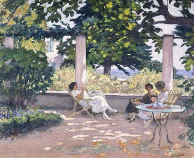 Drie meisjes op het terras bij Landau door Albert Andre