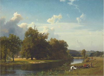 Een rivierlandschap, Westfalen, 1855 door Albert Bierstadt