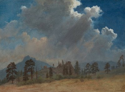 Dennenbomen en stormwolken door Albert Bierstadt