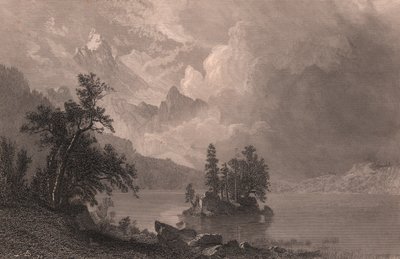 Uitzicht op Lake Esther, Sierra Nevada, Californië, Verenigde Staten, staalgravure door Robert Hinshelwood naar schilderij van Albert Bierstadt, circa 19x14 cm door Albert Bierstadt