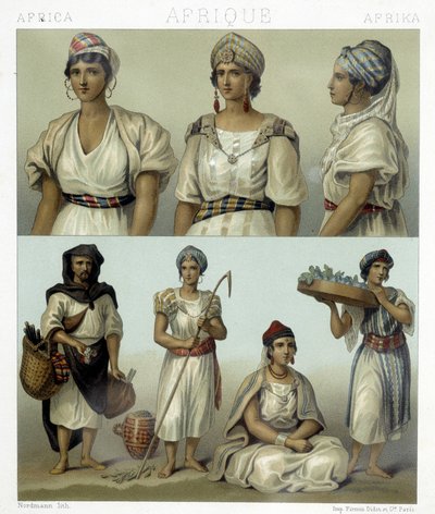 Kostuums en hoofdtooien van Kabyl vrouwen (boven). Tunesische en Algerijnse kostuums (onder). Illustratie in 