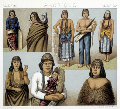 Kostuums van de Californische Indianen. Illustratie in "The historical costume" door Racinet door Albert Charles August Racinet