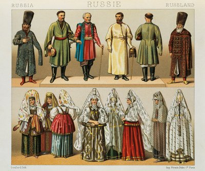 Historische kleding van het Russische volk, Illustratie uit The Complete Costume History door Racinet Auguste door Albert Charles August Racinet