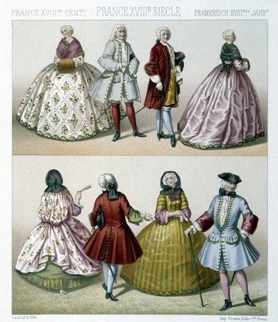 Mannen en vrouwen in modieuze 18e-eeuwse kostuums in Frankrijk. Illustratie in 