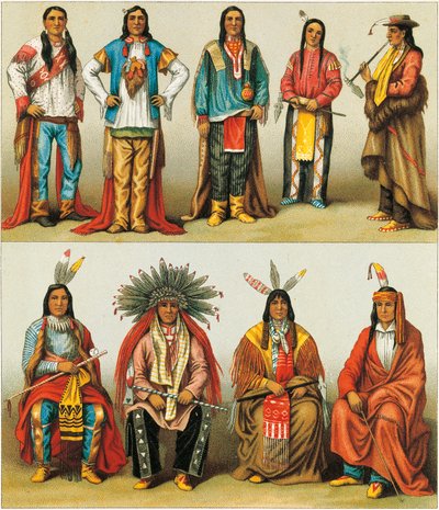 Inheemse Amerikanen van Mississippi en Colorado, lithografie door Nordmann en Sahn uit Le Costume Historique, Volume 2 door Albert Charles August Racinet